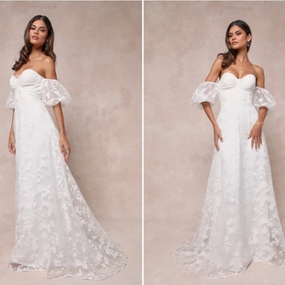 LULU's Sexy Bridal Wedding Floral Burnout Off the Shoulder Boho Flowy Gown - Picture 4 of 4